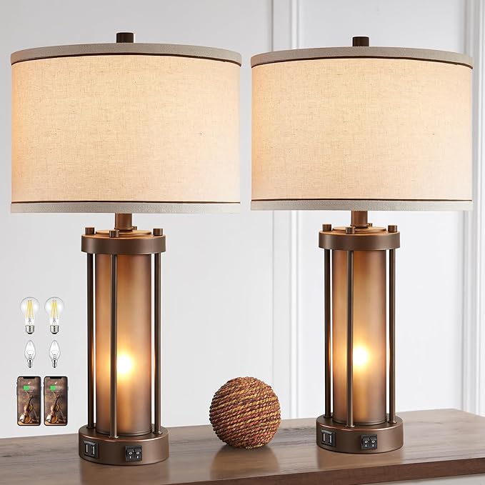 Set of 2 Farmhouse Table Lamps for Living Room with 2 USB Charging Ports, Vintage Rustic Nightstand Lamps with Amber Glass Nightlight, Retro Desk Lamps for Bedroom Entryway, 4 Bulbs Included (Brown)