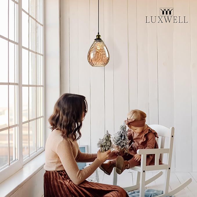 Modern Glass Pendant Light, 8"x9.6" Amber Ribbed Hanging Light Fixture with Gold Cap, 15"-72" Adjustable Cord, E26 Socket for Kitchen or Entryway – Sunrise Glow Teardrop