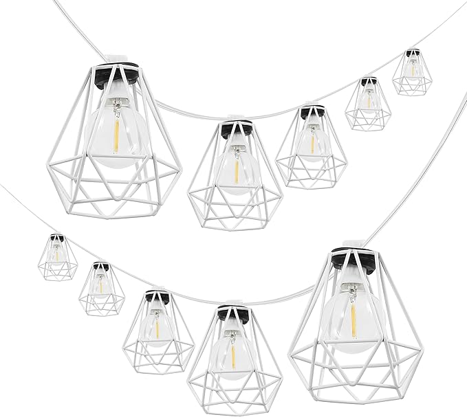 JONATHAN Y JYL8705B 10-Light Indoor/Outdoor 10 ft. Contemporary Transitional LED G40 Diamond Cage String Lights Modern, Patio, Porch, Backyard, White