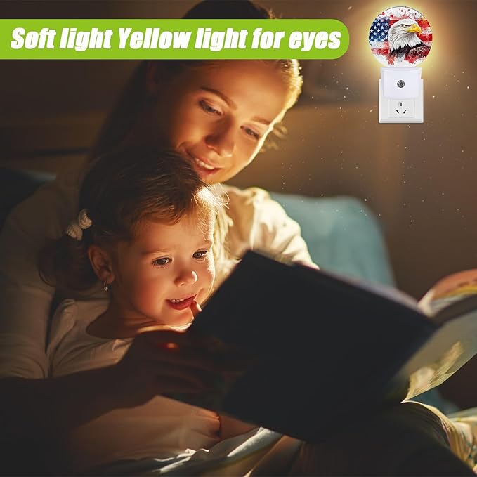 American Flag Eagle Night Light,Watercolor USA Flag Plug-in Night Lights with Dusk-to-Dawn Sensor for Bedroom Bathroom and Living Room Sleep Friendly lamp