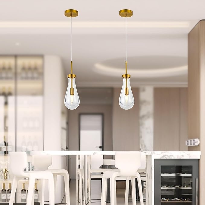 Raindrop Pendant Lights for Kitchen Island Dining Room, Handblown Teardrop Glass Kitchen Light Fixtures Luxury 1-Light Brushed Brass Pendant Lights Hanging Lamps for Bedroom Dining Table, Hallway