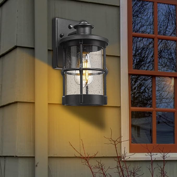 Outdoor Wall Sconces, Dusk to Dawn Outdoor Lights, Exterior Wall Mount Lighting, Entryway Light Fixture in Black Finish with Seeded Glass