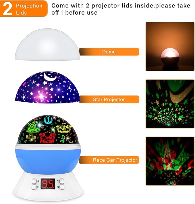 Cars Night Light for Boys - Rotating Projector Lamp with Race Car - Star Projector for Kids Age 3-8 - Ceiling Nightlight Projector with Cars and Stars - Birthday Gifts for Boys Room Decor