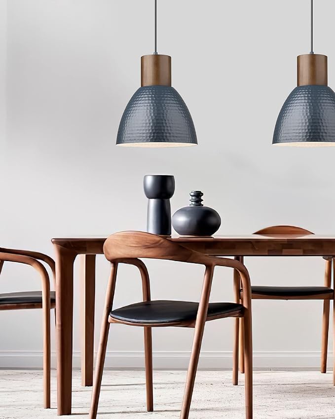 ELYONA Hammered Pendant Lights for Kitchen Island, 7” Solid Wood Hanging Light Fixtures, Adjustable Height Industrial Metal Pendant Light Fixtures for Bar Dining Room Bedroom Office, Modern Blue,Small
