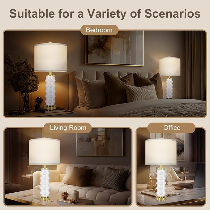 23.5" Modern Ceramic Table Lamp Set of 2 for Living Room, White Desk Lamps for Bedroom Nightstand, Farmhouse Lamps with 3-Way Dimmable Bulb, Linen Shade, Bedroom Living Room (Bulb Included)