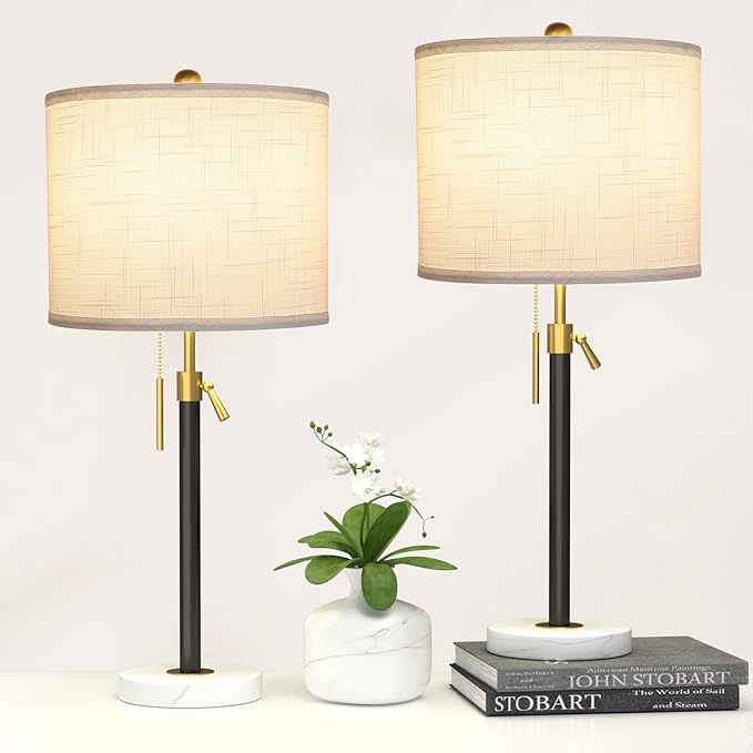 Black and Gold Table Lamps Set of 2: 22" to 30" Height Adjustable Nightstand Lamps with White Linen Shade | Pull Chain Switch | Marble Base - 3 Way Dimmable Beside Lamp for Bedrooms Living Room