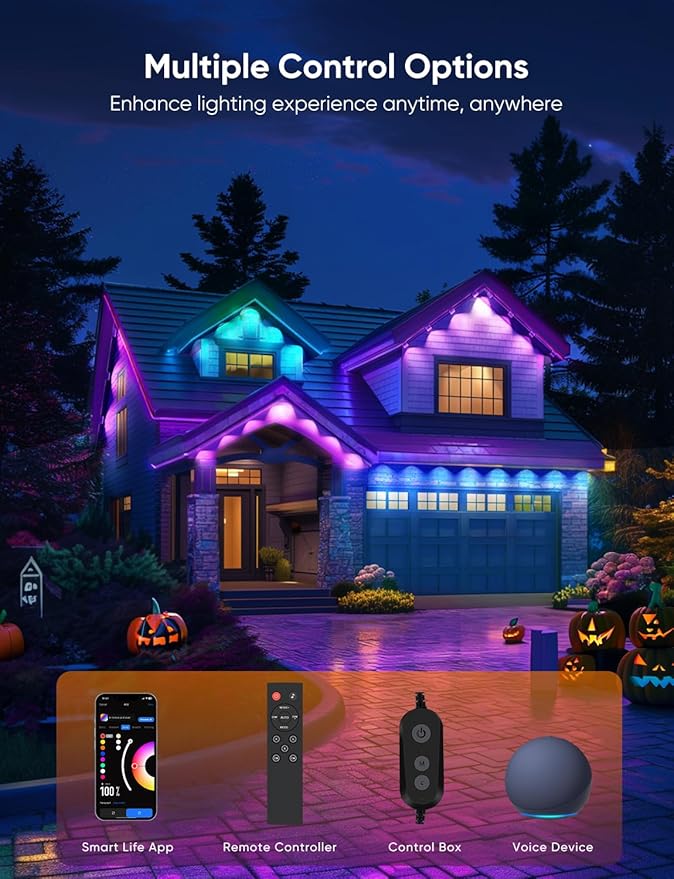 APPECK Permanent Outdoor Lights Pro 100ft, 72W RGBCW Eaves Lights with 72 LED Lights, 80lm, Cuttable, 111 Scene Modes, IP67 Waterproof Lighting for Halloween Decoration, Work with Alexa, Black