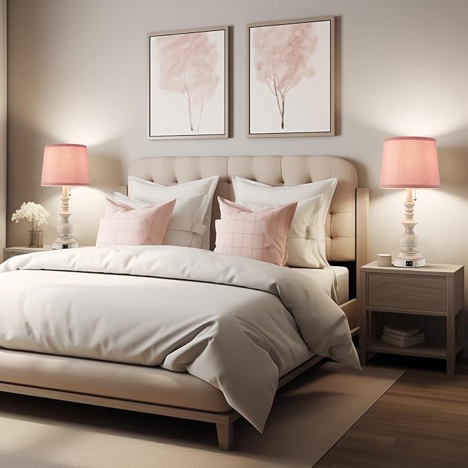 22'' Bedside Table Lamps Set of 2 Modern Farmhouse Nightstand Lamps for Bedroom with USB Charging Ports Vintage Boho Table Lamps for Girls Kids Living Room,Pink Shade,Bulbs Not Included