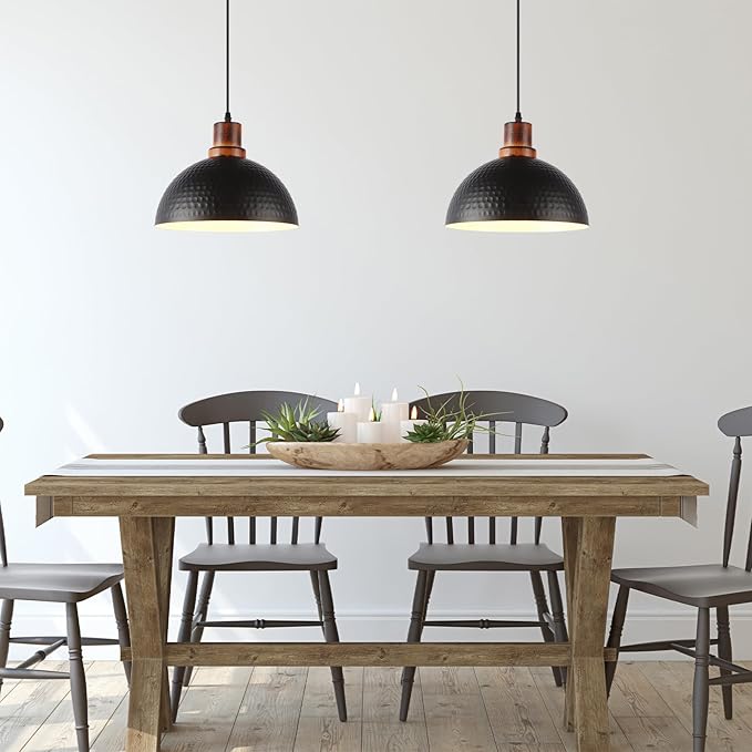Black Pendant Lights Kitchen Island, 11.8" Hammered Metal Black Dome Pendant Lighting Black and Wood Pendant Light Fixture Hanging Ceiling Light for Dining Living Room Restaurant Sink