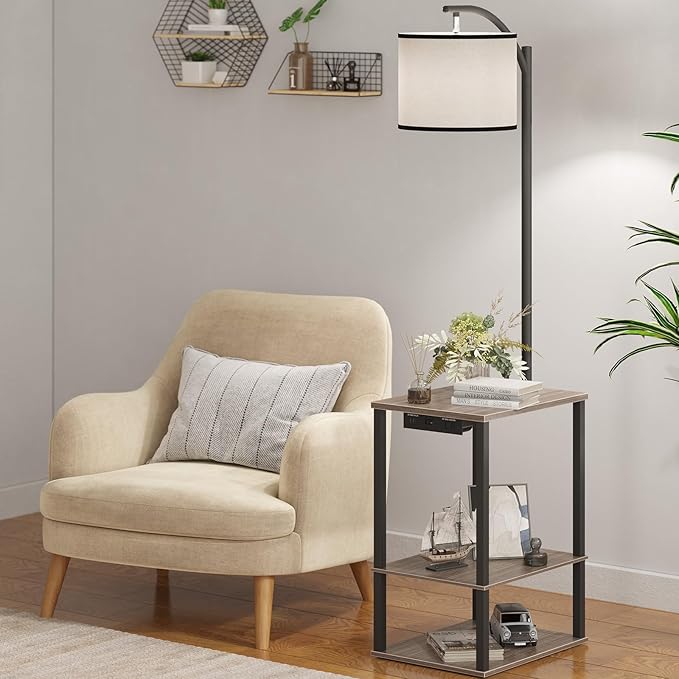SUNMORY Floor Lamp with Table, End Table for Living Room with Lamp, Shelves Side Table with Charging Station(USB & AC Port), 3 Color Temperature LED Bulb, Modern Nightstand Lamp for Bedroom, Office