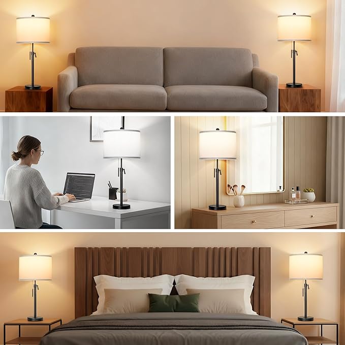 Black Table Lamps for Bedrooms Set of 2: 22" to 30" Height Adjustable Nightstand Lamps with White Linen Shade | Pull Chain Switch | Metal Base 丨3 Color Temperatures Included Beside Lamp (Black)