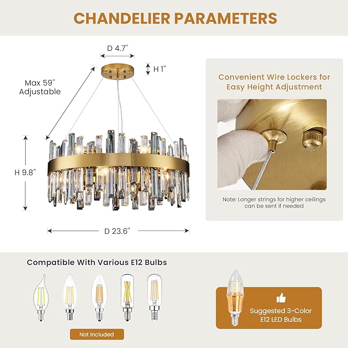 Siljoy Modern Crystal Chandeliers, 12 Lights Brass Gold Raindrop Crystal Chandelier Lighting, Adjustable Hanging Pendant Light Fixture for Dining Room Living Room Kitchen Island D23.6''