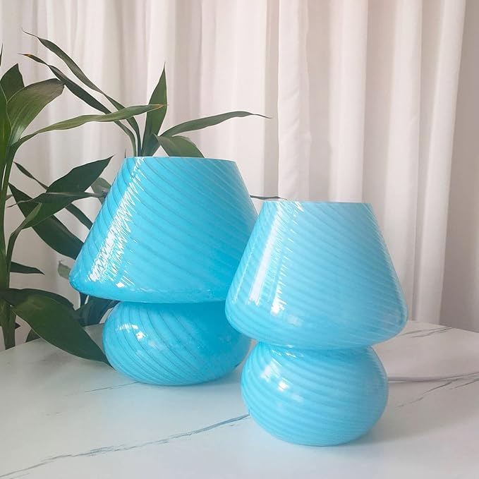 Swirl Mushroom Lamp, Translucent Glass Table Bedside Lamps Italian Style Modern Striped Desk Light for Baby Home Decoration of Dining, Living, Study (Striped Yellow, Mini Dia5.1*H7.1 Inches)