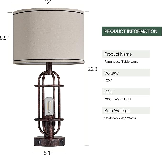 22.3" Table Lamps for Living Room Set of 2, Farmhouse Lamps for Nightstand, Vintage Table Lamps for Bedroom with USB Ports, Bulbs Included