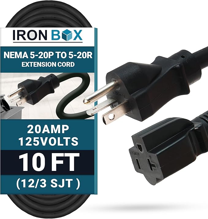 NEMA 5-20 Extension Power Cord - 10 Foot, 20A/125V, 12 AWG - Iron Box # IBX-1010-10M