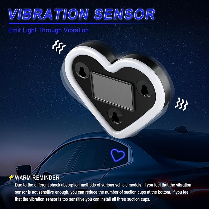 Car LED Interior Lights, Heart-Shaped Ambient Light for Windows, 5 Lighting Modes, Charging Through Type-c and Solar Energy, Car Decorations for Women Men, Pack of 1, (Blue)