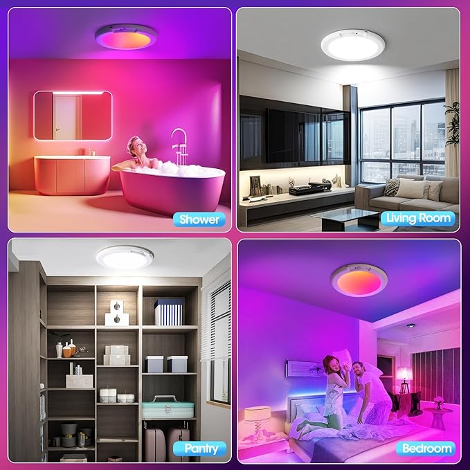 2 Pack Rechargeable Ceiling Light with Remote - Shower Light for Inside Shower with Color Changing & White Light, Magnetic Motion Sensor Ceiling Light Battery Powered for Shower Bathroom Closet Porch