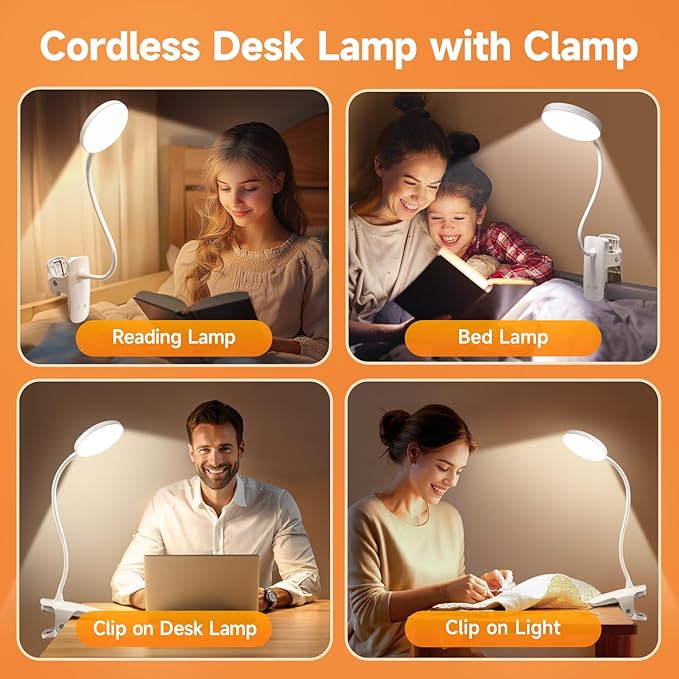 Mubarek Desk Light,3600mAh Battery Operated Light,5 Brightness+5 Color Clip on Reading Lamp,400LM 36 LED Desk Lamp with Clamp,Rechargeable Lamps Cordless Lamps, Reading Lights for Books in Bed,Table