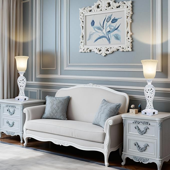 20" Vintage Table Lamp Set of 2 for Living Room, Rustic Farmhouse Bedside Lamps for Bedroom, 3-Way Dimmable Desk Lamps with Nightlight and 2 USB Ports, Traditional Nightstand Lamps with Glass Shade