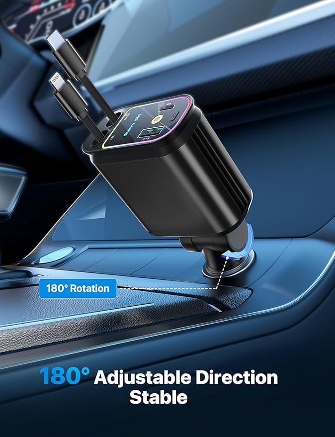 Starlight Retractable Car Charger with Retractable Cables, Starlight in Car Roof 4 in 1 Super Fast USB C Car Phone Charger, 2 USB Ports Starry Sky Adapter, Compatible with iPhone 17 16 15 14, Galaxy