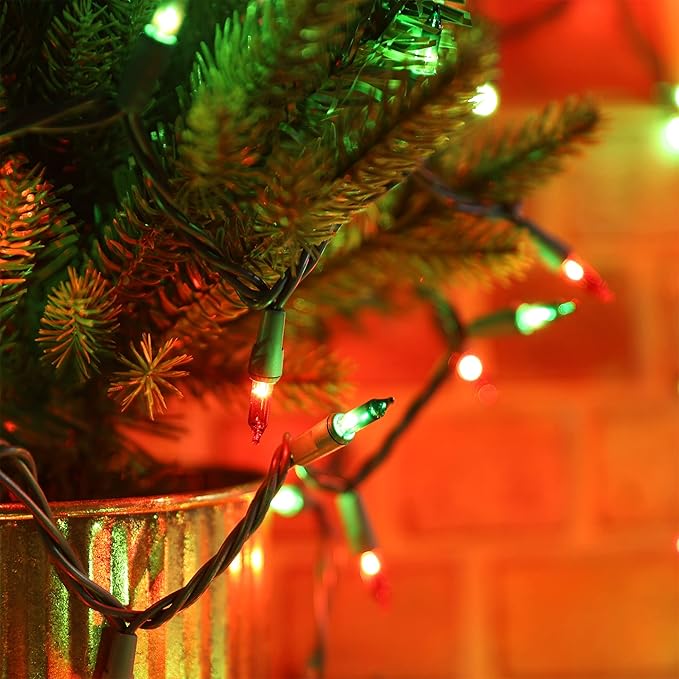 ODEETRONIC Red & Green Christmas String Lights, 21.63ft 100 Count Incandescent String Lights Connectable, UL Certified Christmas Mini Lights, Green Wire Tree Lights for Indoor Outdoor Party Yard Decor