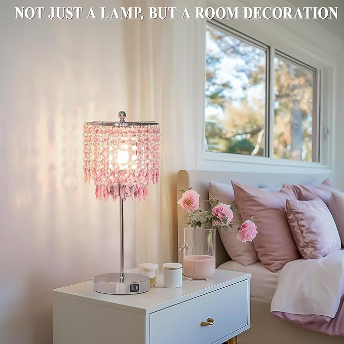 Boncoo Pink Crystal Lamps, Touch Control Crystal Table Lamp with Dual USB Charging Ports, 3 Way Dimmable Bedside Lamp Decorative Nightstand Lamp for Girls Bedroom, Living Room, B11 LED Bulb Included
