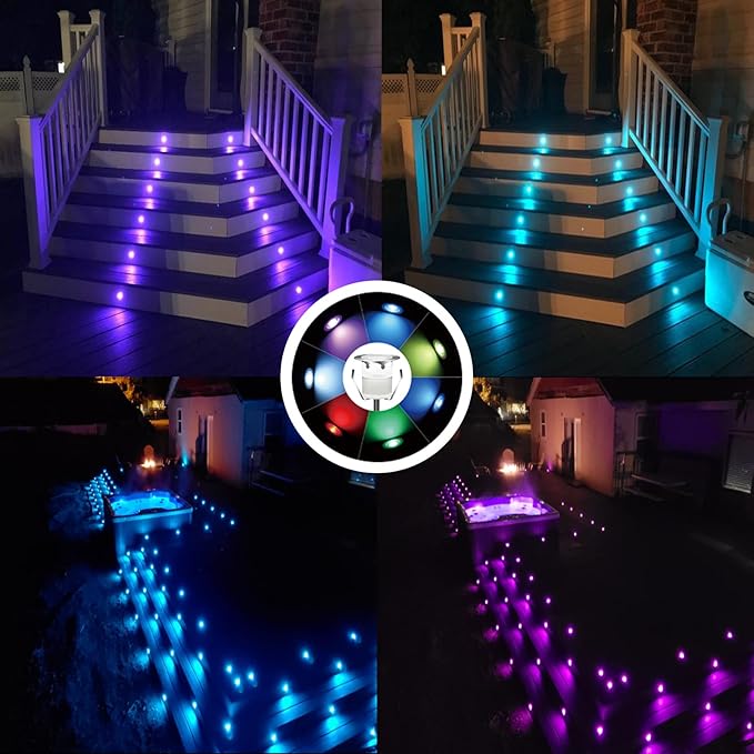 LED Outdoor Deck Lights Kits, RGB Φ1.18in Low Voltage 12V DC IP67 Waterproof, Remote Dimmable Multi Color Change, Electric Wired Recessed Stair Step Riser Landscape Lighting, 10 Pack Silver