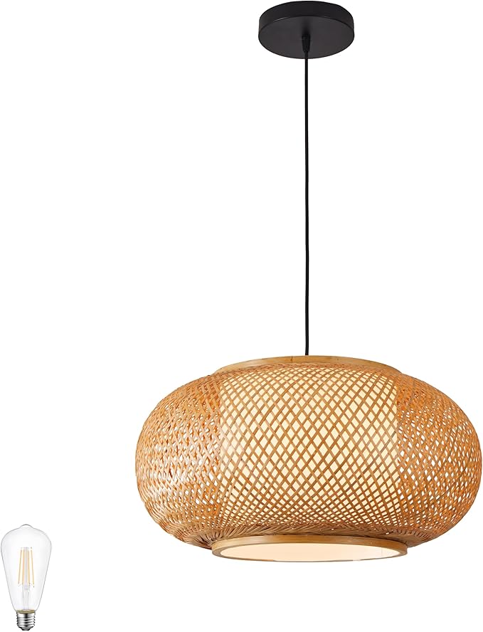 Bamboo Pendant Light Basket Weave Hanging Light, 1 Light Elegant Rattan Chandelier for Kitchen Island Nursery (15")