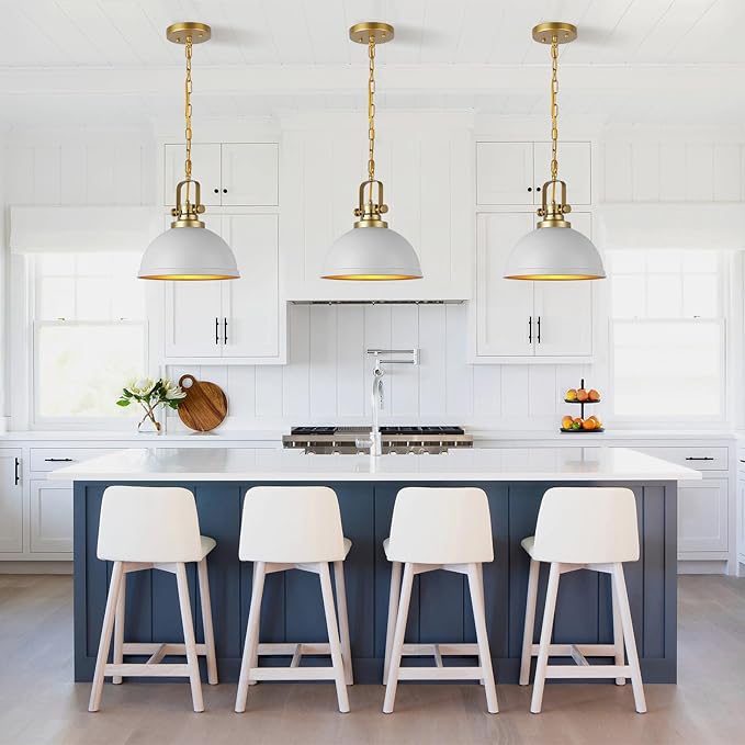 Modern White and Gold Pendant Lights,11.8" Vintage White Gold Pendant Light Fixtures Iron Dome Lighting Hanging Ceiling for Kitchen Island Dining Room Restaurant Bedroom Farmhouse Entrance