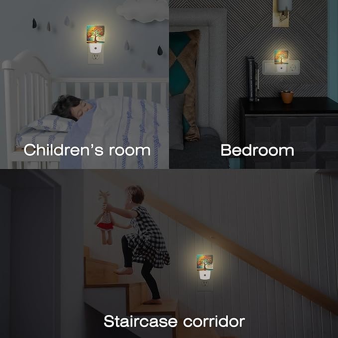 Colorful Life Tree Night Light Plug into Wall, Abstract Modern Artwork Oil Painting Dusk to Dawn Night Light Plug in,0.5w Energy Saving Sleep Friendly NightLight for Kids Boys Girls Home Decor