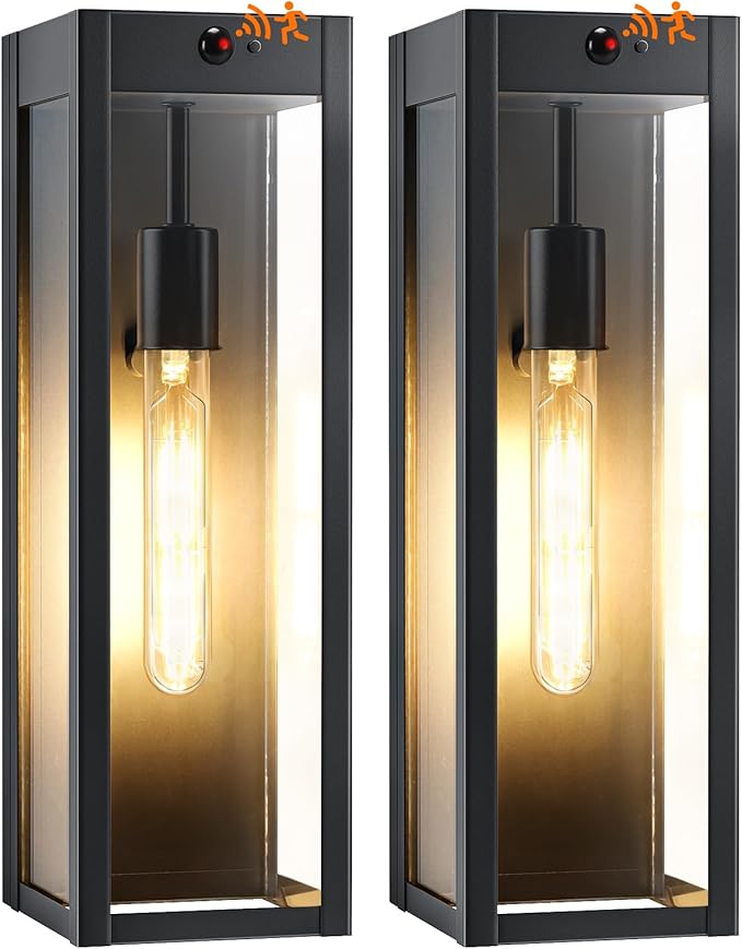 15.3" Large Motion Sensor Outdoor Wall Lights 2Pack, Dusk to Dawn Porch Lights Outdoor Wall Sconces,3 Lighting Modes Black Exterior Lighting Fixtures, Outside Lanterns for House Garage,None-Bulb