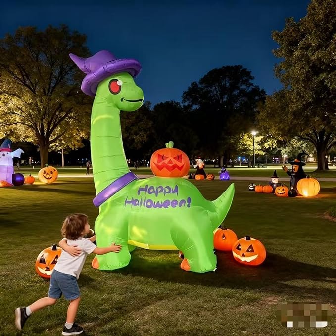 14 FT Halloween Inflatable Dinosaur Decor with Witch Hat & Pumpkin, Giant Lighted Yard Decoration for Outdoor Lawn Garden Party