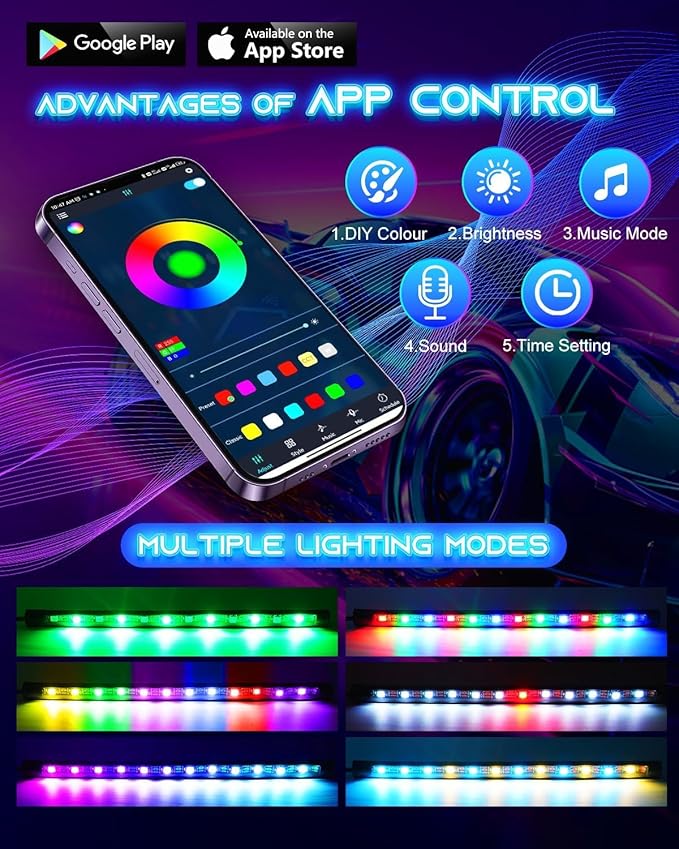 72LED USB Interior Strip Lights Dream Color RGB-IC 12V DC with App RF Remote Control Multicolor Footwell Under Dash Chasing Inside Light Kits Music Sync Mode for Cars Truck ATV UTV with Car Charger