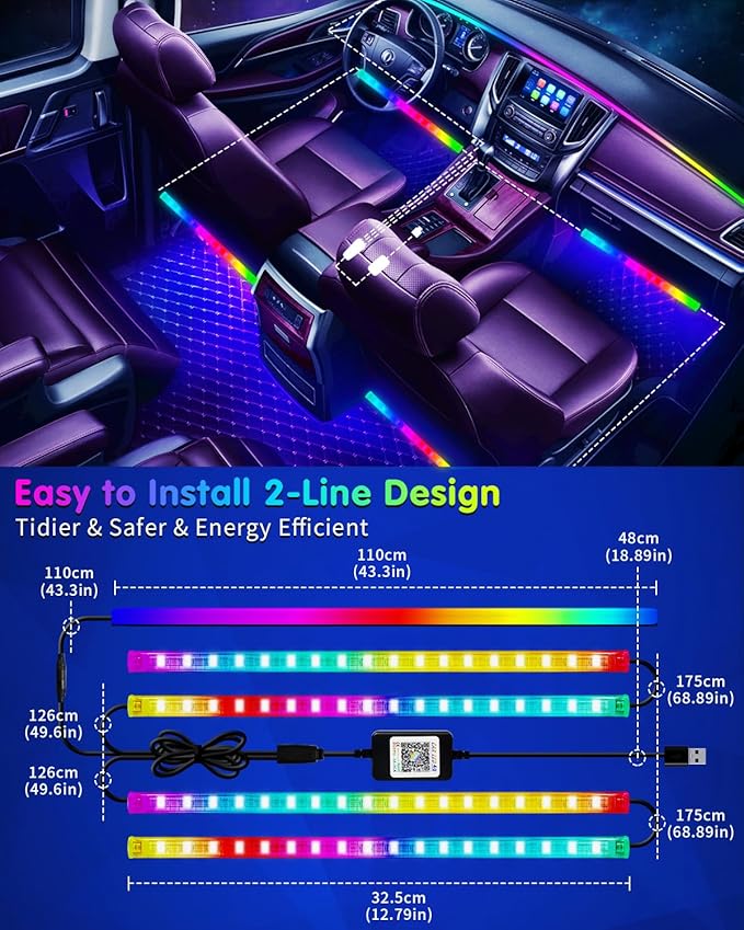 Car Led Light Interior, RGB Dreamcolor Inside Car Light Music Sync, Under Dash Footwell automotive Strip Light, 12V Acrylic Strip Light for Vehicle, Truck,Jeep, SUV with Car Charger(1set)