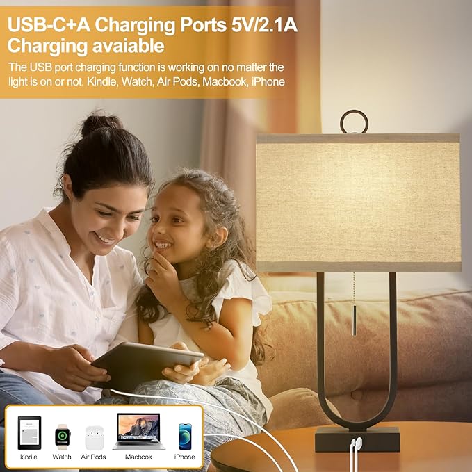 Luvkczc Bedside Lamps Set of 2, 24'' Tall Table Lamps for Night Stands with USB C+A Ports, 3000K LED Bulbs - Modern Desk Lamp for Bedroom, Living Room, Office, Beige Lampshade