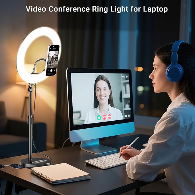 Desk Ring Light with Magnetic Phone Holder, 10'' Video Conference Podcast Lighting Kit for Laptop Computer Monitor Zoom Call Streaming, 3 Color LED Halo Light with Adjustable Stand for Home Office