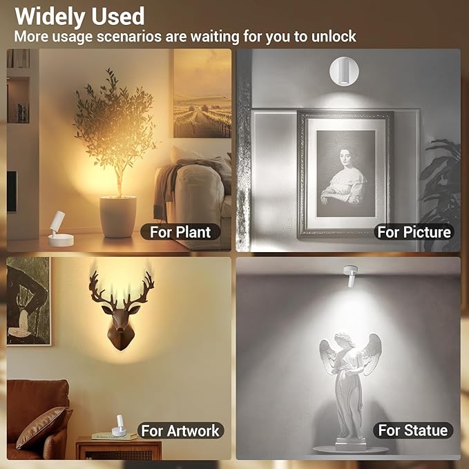 Wireless Led Spotlight Indoor, Plant Spotlight Indoor with Remote Dimmable, 350° Rotate,Uplighting Battery Powered Ceiling Light for Artwork Painting Plant Picture Lights, 2 Pack