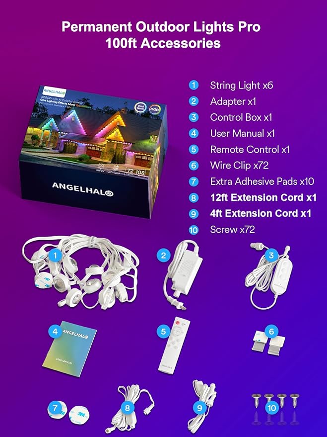ANGELHALO Permanent Outdoor Lights Pro, 100ft With 72 LEDs for Daily and Accent Lighting, Multiple Scene Modes Eaves With Warm and Cool White, IP65 Waterproof, Compatible with Alexa