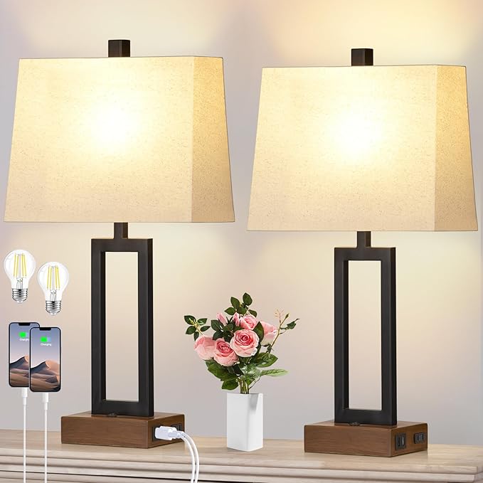 23.5" Table Lamps Set of 2, Modern Black Bedside Lamps with 2 USB Ports & AC Outlet, Contemporary Nightstand Lamps with Wood Base for Bedroom Living Room(LED Bulb Included)