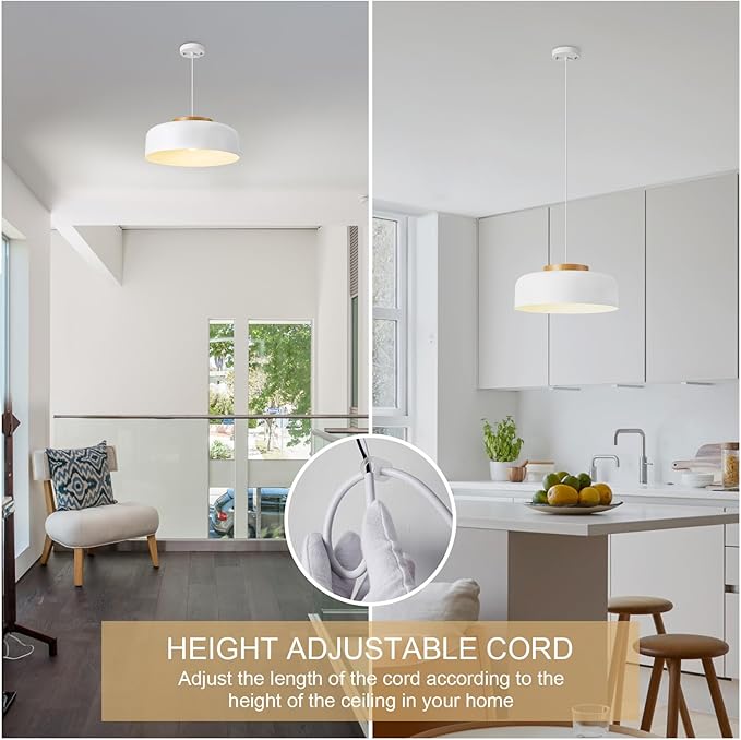 Large Pendant Lighting, 17.7 inch,Natural Wood Cap, Adjustable Cord,Simple Modern Chandelier for Dining Room, Kitchen Table Matte White