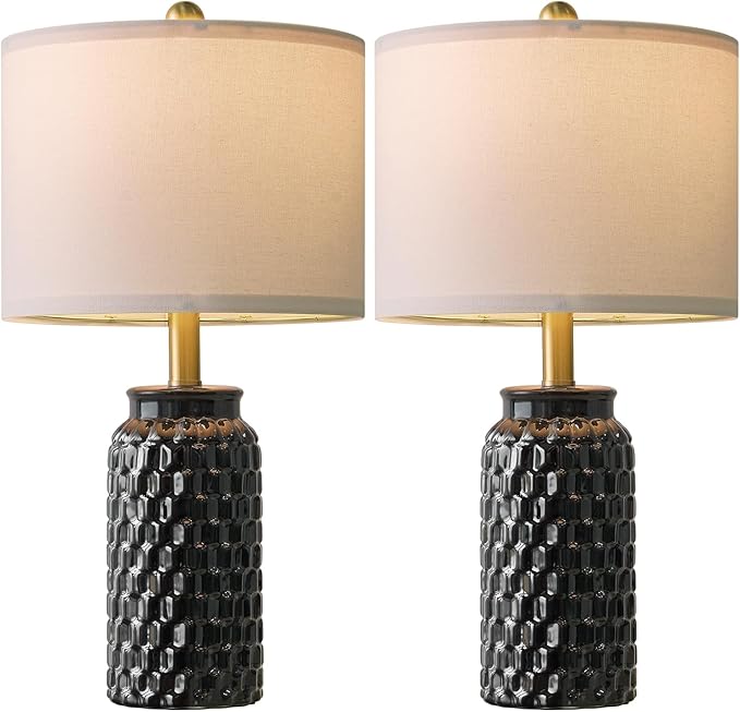20.5" Black Modern Ceramic Bedside Lamp Set of 2 for Bedroom Decor Farmhouse Table Lamp for Living Room Office Dorm