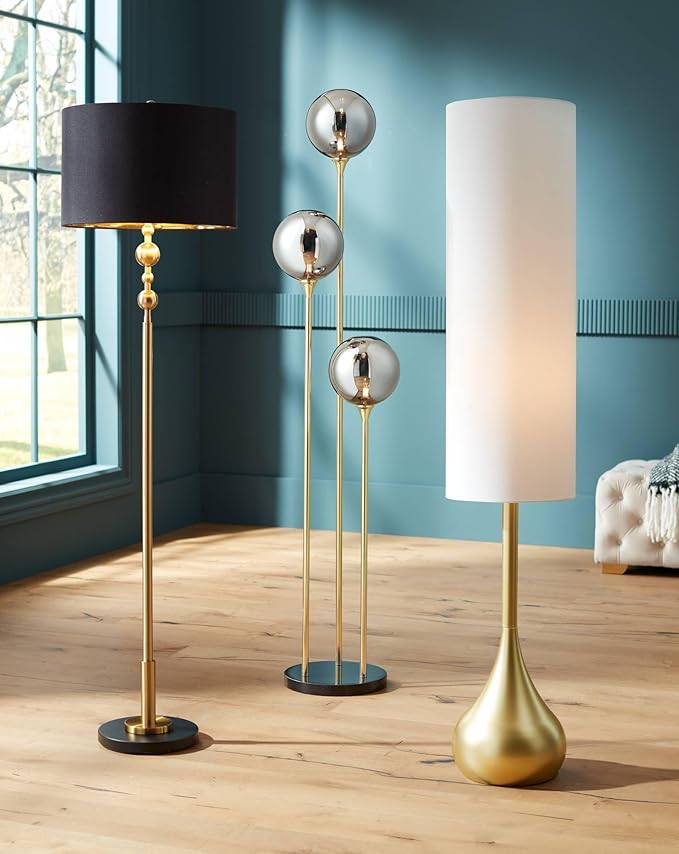 Possini Euro Design Moderne Mid Century Modern 62" Tall Standing Floor Lamp Droplet Foot Switch Metal Soft Gold Finish Living Room Bedroom House Reading Office Home Decor Entryway White Drum Shade