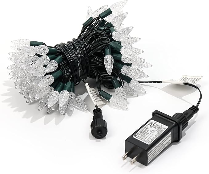 WATERGLIDE C6 Christmas Lights, 33ft 100 LED Faceted String Lights Green Wire Fairy Lights with 29V Safe Adaptor, 8 Lighting Mode, Waterproof for Indoor Outdoor Patio Xmas Tree Party Decor, Cool White