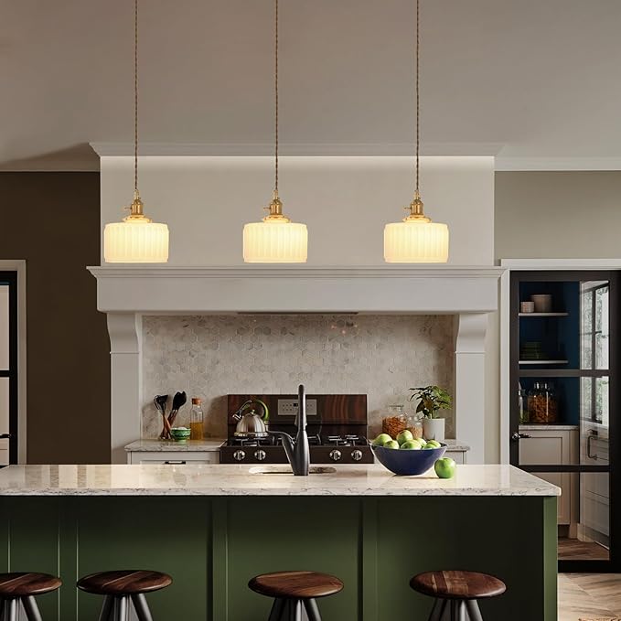 Pendant Light 2 Pack with White Striped Glass Lmapshade, Brass Vintage Pendant Light Adjustable Hanging Light for Kitchen Island Dining Room Hallway