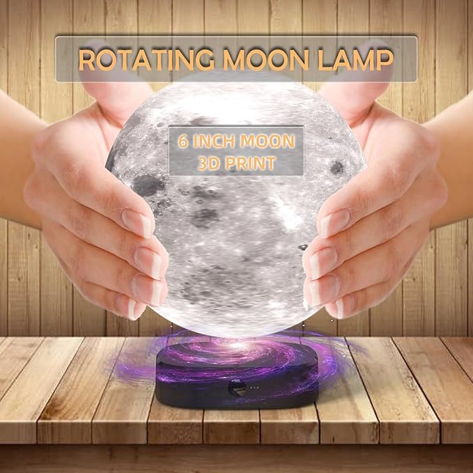 Moon Lamp, 6 inch 3D Printed Floating Moon lamp, auto Light up with self Rotating, Moon Light lamp for Kids (Black Base)
