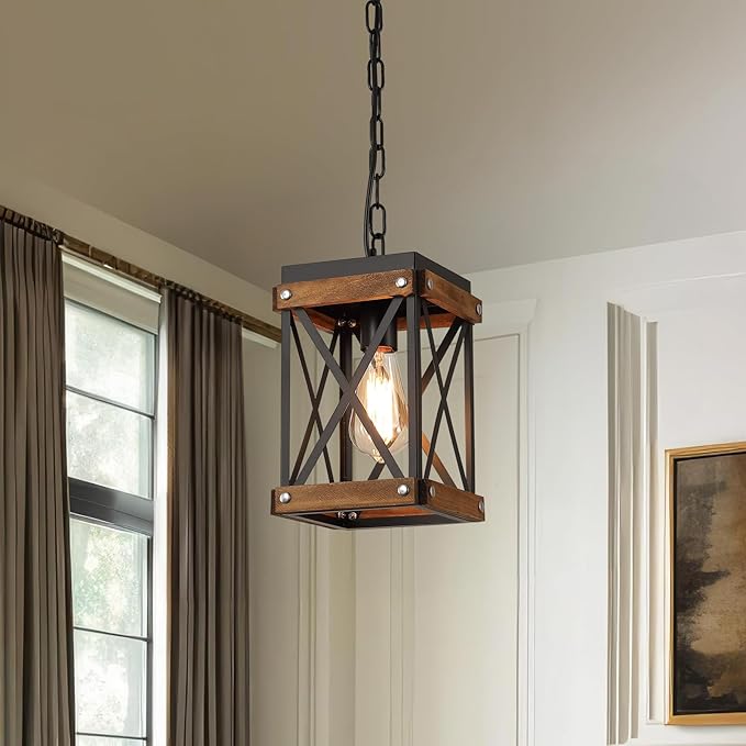 Rustic Farmhouse Wood Pendant Light Fixture One-Light Adjustable Chain Oak Wood and Metal Lantern Cage Small Pendant Lighting for Kitchen Island Sink Hallway Farmhouse Bathroom Bar, Black