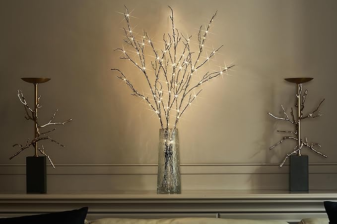 LITBLOOM Lighted Willow Branches Silver Glittered 32IN 120 LED with Timer Battery Operated and USB Plug in, Tree Branch with Fairy Lights for Home Room Christmas Decoration