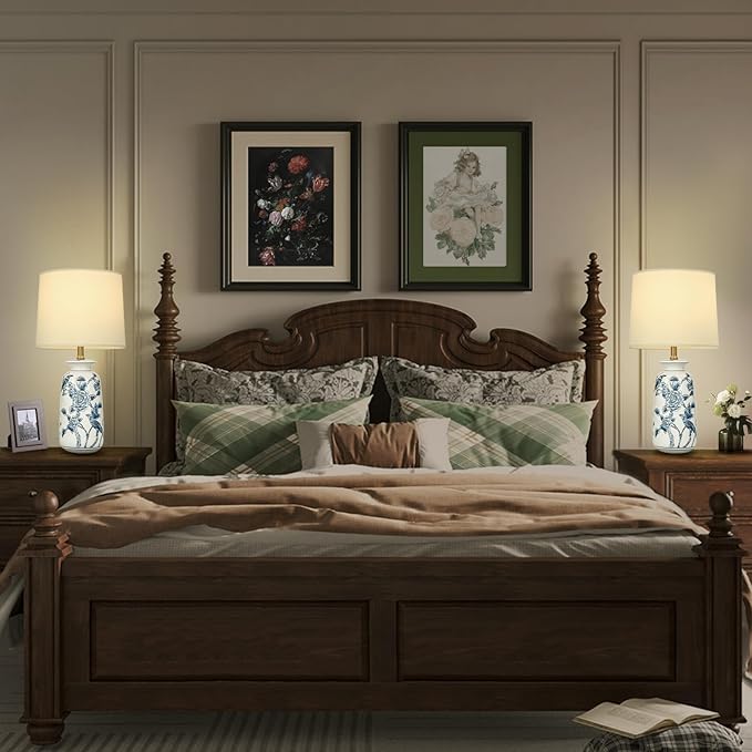 24.25" Blue Ceramic Table Lamp for Living Room, Classic Blue and White Lamp for End Table, Blue Birds and Flowers Lamps, Traditional China Nightstand Lamp for Bedroom