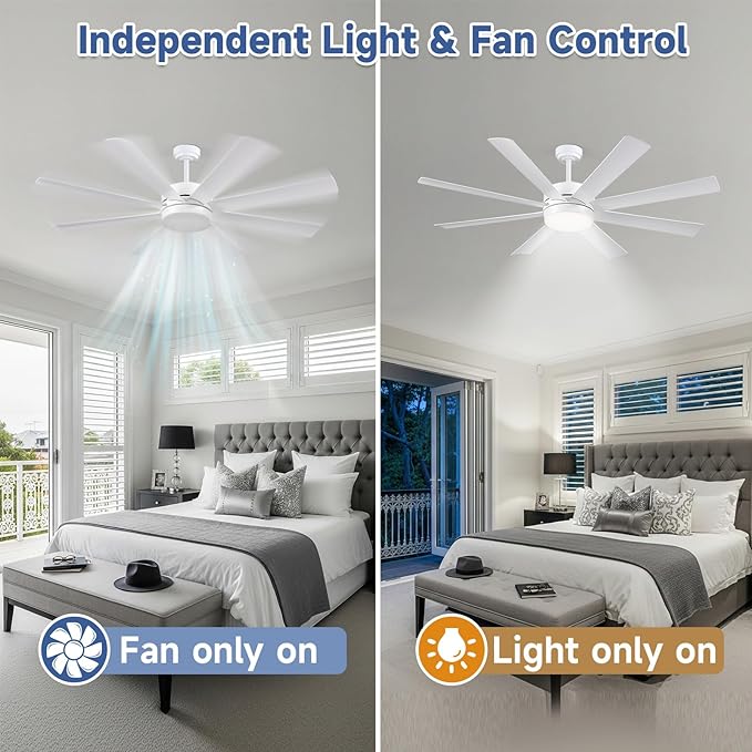 60 Inch Ceiling Fans with Lights, Ceiling Fans with Lights and Remote, Dimmable, Indoor/Outdoor White Modern Ceiling Fan for Kitchen Living Room Patio, Shop Industrial, Dual Finish 8 Blades