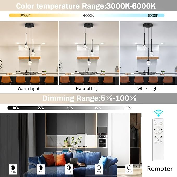 cenzoz 3-Lights Modern Pendant Lights for Kitchen Island LED Dimmable Crystal Glam Ceiling Pendant Lighting Chandelier for Dining Room Hallway Bedroom Corner Lamp Black